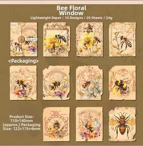 Close-up of vintage floral and bee scrapbooking paper set with retro artistic designs