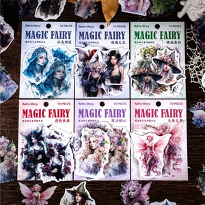 Retro magic fairy PET stickers pack with mystical figure illustrations for DIY journals
