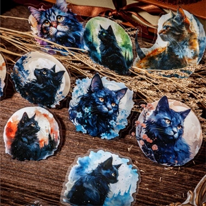 Adesivi PET retrò con gatti scuri e illustrazioni fantasy fatte a mano per diari