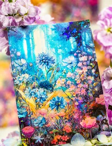 Detail of floral stickers with iridescent shell light effect and specialty ink texture
