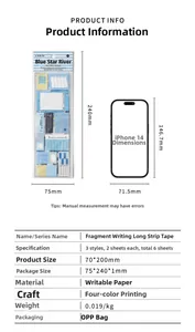 Detailweergave van papieren stickers met afmetingen vergeleken met smartphone