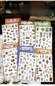Detail of vintage Chinese aesthetic deco stickers featuring traditional furniture and tea sets