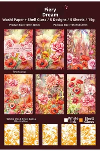 Detail of floral washi stickers with shell light and white ink finish on vintage paper