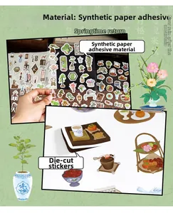 Detail of synthetic paper stickers showing bonsai and traditional furniture illustrations