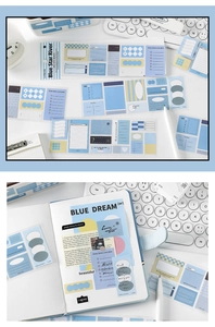 Pegatinas azules de scrapbooking con listas de notas y collages vintage para diarios