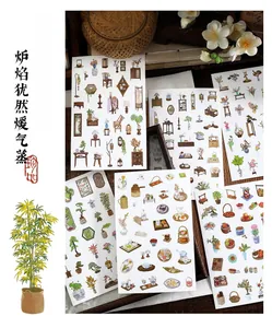 Detailed view of Chinese vintage lifestyle stickers featuring furniture and tea set elements
