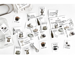 Flat lay of hand-drawn illustration stickers featuring coffee and tableware for DIY journaling