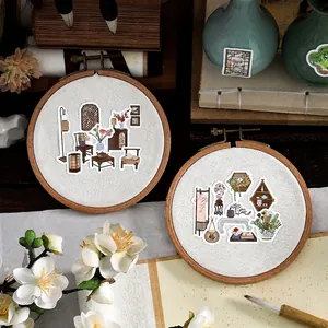 Retro daily life stickers with vintage Chinese wooden furniture for journal decoration