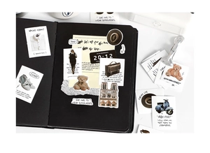 Macro detail of retro stationery stickers featuring vintage travel and lifestyle illustrations