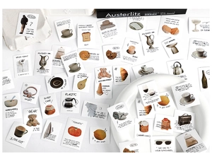 Detailed view of vintage lifestyle stickers with coffee and bread motifs for DIY journaling