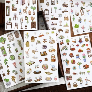 Vintage Chinese style stationery sticker set featuring traditional furniture and tea culture