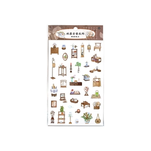 Chinese vintage style stickers with small retro furniture and tea sets for journaling