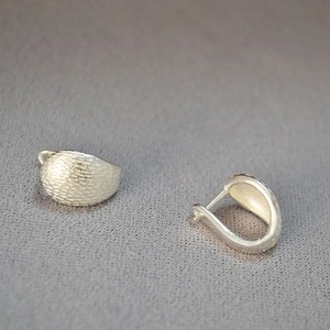 Macro shot of silver stud earrings featuring a brushed metal texture and minimalist design