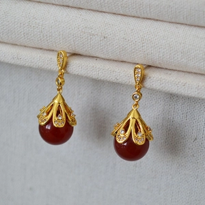 French vintage brass gold earrings with red agate beads and sparkling zircon flowers