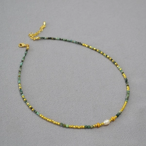 Vintage African Turquoise Freshwater Pearl Beaded Necklace For Women Copper Handmade Faceted Gold Bead Clavicle Chain Jewelry