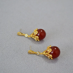 French vintage gold plated brass earrings with red agate beads and sparkling zircons