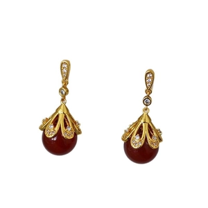 Vintage gold plated flower earrings with red agate beads and sparkling zircon stones