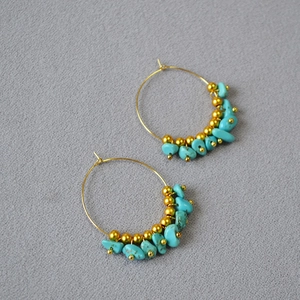 Bohemian Irregular Synthetic Turquoise Beaded Hoop Earrings For Women Gold Plated Copper Round Circle Vintage Ethnic Jewelry