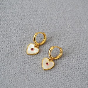 Elegant brass gold plated heart earrings with white mother of pearl inlay and red gemstone