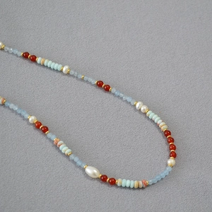 Retro beaded necklace featuring blue agate stones and natural freshwater pearls