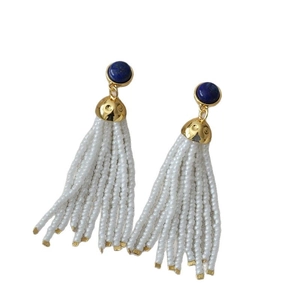 Lapis lazuli tassel earrings with white beads and silver needle in bohemian style