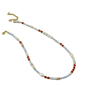 Retro asymmetric beaded necklace with blue agate pearls and golden lobster clasp