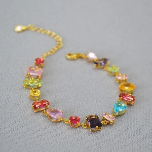 Multicolor Geometric Glass Inlaid Gold Plated Copper Bracelet For Women Elegant Sweet Fresh Fashion Jewelry Gift Adjustable