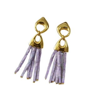 Retro gold geometric drop earrings with light purple square stone tassels on white background