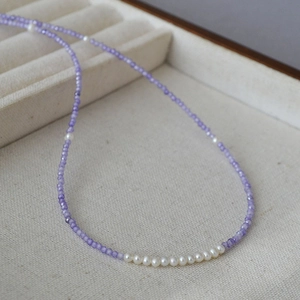 Dainty beaded necklace with faceted lavender zircon and natural white freshwater pearls
