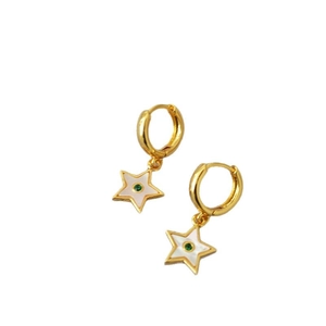 Gold plated hoop earrings with white star pendants and green center stones for women