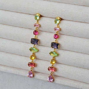 Sweet Colorful Glass Geometric Long Drop Earrings For Women 925 Sterling Silver Post Copper Gold Plated Jewelry