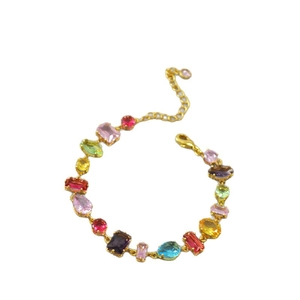 Colorful geometric glass gemstone bracelet with gold chain and adjustable lobster clasp