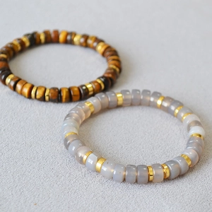 Retro Natural Stone Stretch Bracelet Grey Agate Tiger Eye White Crystal Beads With Gold Spacers Handmade Unisex Jewelry