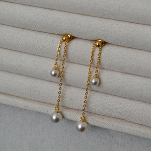 Elegant s925 silver needle pearl drop earrings with long gold tassel chain design