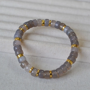 Retro grey agate and tiger eye stone stretch bracelet with gold spacers and beads