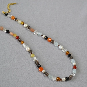 Retro multi-gemstone beaded necklace with pearls, agate, and crystals in a natural mix