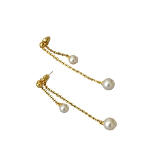 Elegant s925 silver long gold tassel earrings with dual hanging imitation pearls