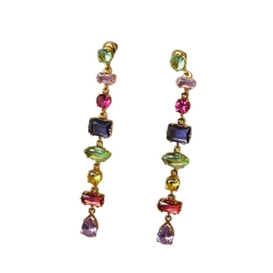 Colorful geometric crystal drop earrings with gold finish and vibrant faceted stones