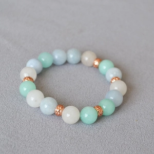 Minimalist summer beaded bracelet with 10mm blue and green stones and rose gold accents