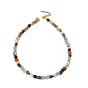 Retro multi-color beaded necklace with irregular crystal stones and golden lobster clasp