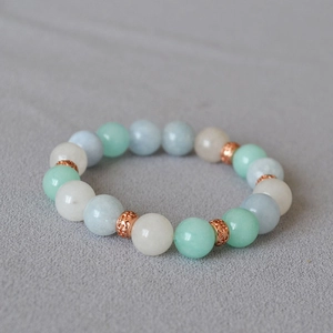 Blue and mint green 10mm stone beaded elastic bracelet with rose gold metal charms