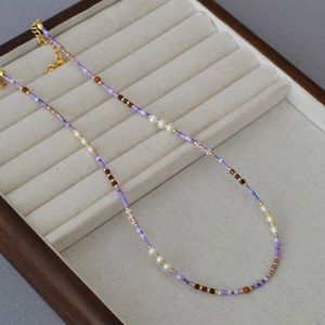 Handmade Beaded Necklace With Freshwater Pearl Purple Gold Violet Seed Beads Sweet Elegant Choker For Women Jewelry