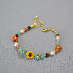Handmade Beaded Bracelet Bohemian Sunflower Van Gogh Style Jewelry With Freshwater Pearl Natural Stone For Women Gift