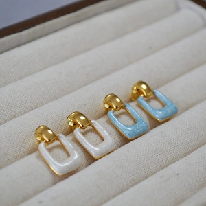 Minimalist Brass Gold Plated Enamel Geometric Square Stud Earrings With 925 Sterling Silver Earring Post For Women
