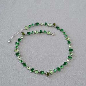 Elegant Silver Plated Copper Necklace Green Glass Rhinestone Geometric Patchwork Choker For Women Summer Daily Party Jewelry