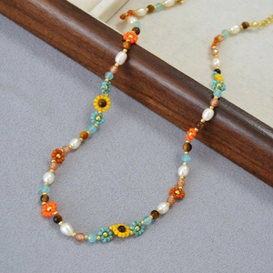 Collier Tournesol en Perles d'Eau Douce Bohémien Fait à la Main Vintage Miyuki Perles de Verre Fleur Pendentif Bijoux pour Femmes