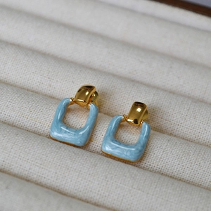 Minimalist square light blue enamel geometric earrings with gold-plated brass hooks