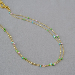 Summer Fresh Geometric Square Stone Copper Gold Plated Fine Chain Sweet Necklace Colorful Beads Clavicle Chain Jewelry For Women