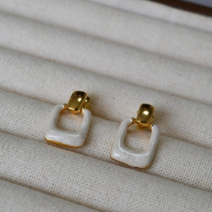 Minimalist geometric rectangle earrings with gold-plated finish and pearl white enamel