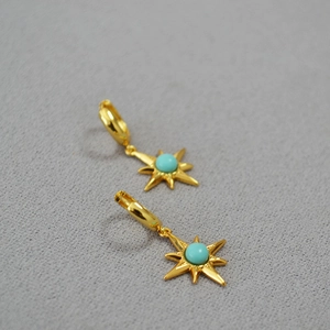 Gold plated brass starburst drop earrings with turquoise inlay and huggie closure